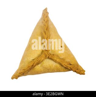 Tatar cuisine - above view of ochpochmak (baked pastry stuffed with chopped meat and potatoes) on ornamental plate isolated on white background Stock Photo