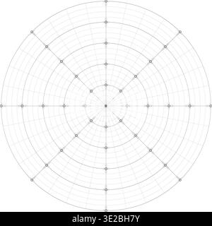 Black line radial dense grid texture with cell corners and circles on white background. FUI science round grid backdrop. Math or technological Stock Vector
