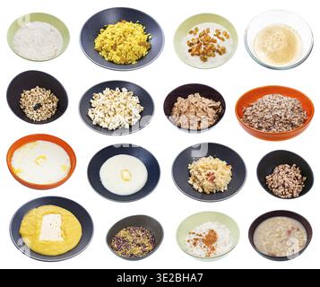 Set of various cooked cereals and beans isolated on white background Stock Photo