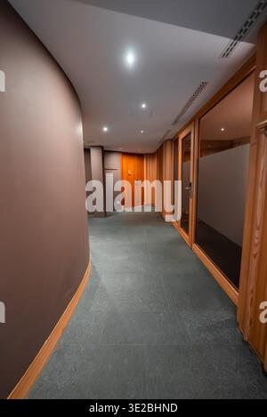 Modern corridor in luxury alpine hotel, Oberlech, Austria at night Stock Photo