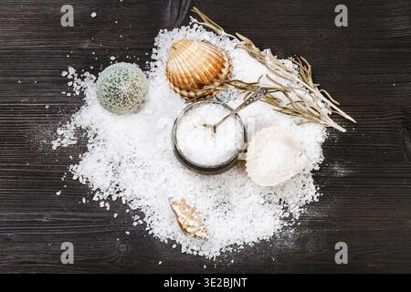 Still-life with salt cellar, shells and coarse grained Sea Salt on dark brown wooden board Stock Photo