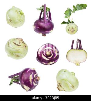 Set of various fresh kohlrabi bulbs isolated on white background Stock Photo