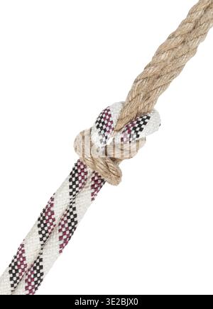 Surgeon's knot joining different ropes isolated on white background Stock Photo
