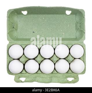 Top view of ten white chicken eggs in green paper box isolated on white background Stock Photo