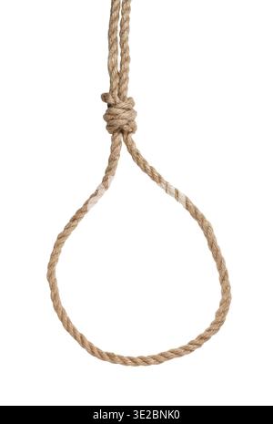 Slip noose with scaffold knot tied on thick jute rope isolated on white background Stock Photo