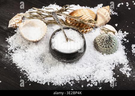 Still-life with vintage salt cellar, shells and coarse grained Sea Salt on dark brown wooden board Stock Photo