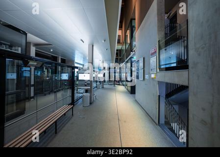 Modern corridor with glass walls and screens in Oberlech, Austria Stock Photo
