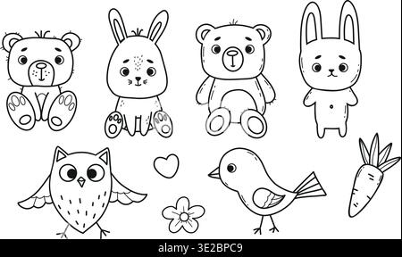 Cute Animals Doodle Set. Teddy Bears, Bunnies, Owl and Bird. isolated Outline Hand Drawn on white Background. Baby Line drawing, coloring page. Vector Stock Vector