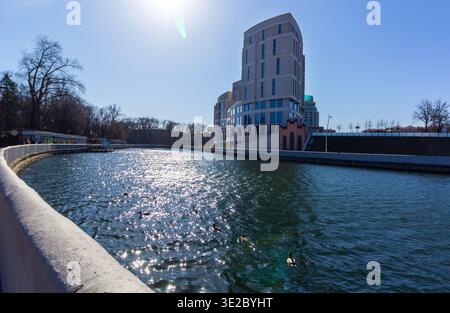 Minsk, Belarus, March 15, 2026.Kempinski Hotel on the Svisloch River in Gorky Park Stock Photo
