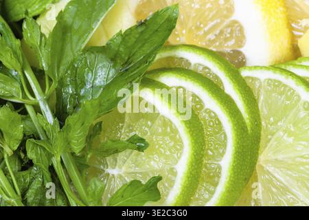 Food background - cocktail ingredients, green mint leaves and thin sliced fresh limes, lemons, ginger close up Stock Photo