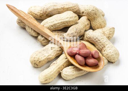 Cores in wood spoon and pile of peanuts on gray ceramic plate Stock Photo