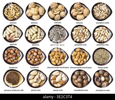 Set of various nuts with names in ceramic bowls isolated on white background Stock Photo
