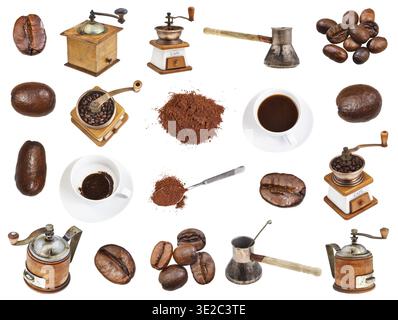 Collage from coffee, beans, ground powder, coffee mills, drinks in cups isolated on white background Stock Photo