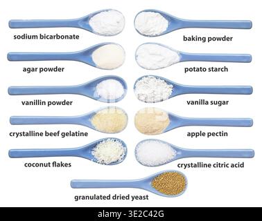 Set of top views of blue ceramic spoon with various cooking additives with names isolated on white background Stock Photo