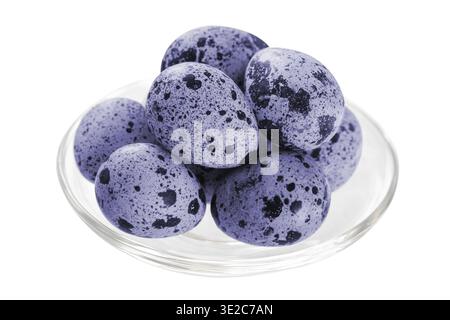 Lavender-blue speckled quail eggs in a clear glass bowl on white background, elegant Easter decoration Stock Photo