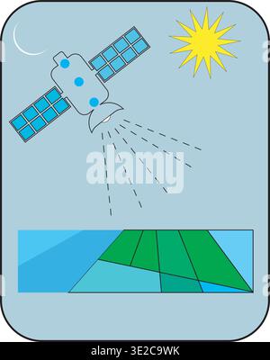Satellite mapping vector icon showing orbit scanner over farmland and earth surface Stock Vector