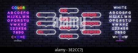 Neon heart rating icons inside chat bubbles with glowing effect. Bright symbols showing feedback levels in romantic style on dark brick wall Stock Vector