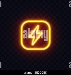 Neon lightning icon inside a rounded square frame. Glowing electric sign with vibrant yellow light on dark transparent background. Ideal for power Stock Vector