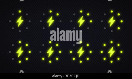 Neon electric particle icons with lightning symbol and glowing dots. Dynamic energy effect elements creating digital power burst style. Perfect for Stock Vector