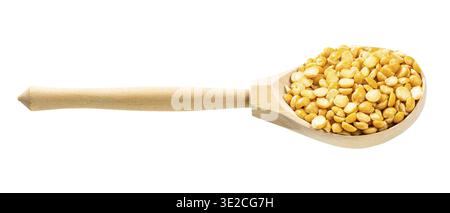 Wooden spoon with dried split yellow peas isolated on white background Stock Photo