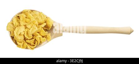 Top view of wood spoon with sugar-free corn flakes isolated on white background Stock Photo
