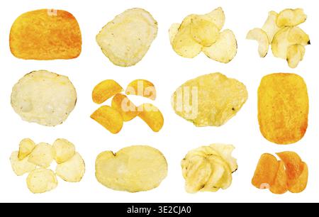 Various potato chips isolated on white background Stock Photo