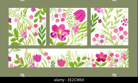 Set of backgrounds with pink flowers Hand drawn. Not AI, vector illustration. Stock Vector
