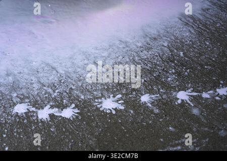 A background photo of foam patterns on an asphalt surface. Horizontal photo Stock Photo