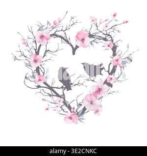 Starlings on cherry blossoms . Hand drawn. Not AI, vector illustration. Stock Vector
