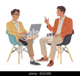 Two men converse while seated on modern chairs Stock Vector