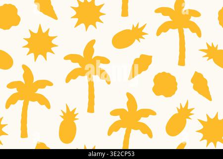 seamless orange summer pattern with palms, pineapples, shells and suns; perfect for beach-themed designs and tropical decor- vector illustration Stock Vector