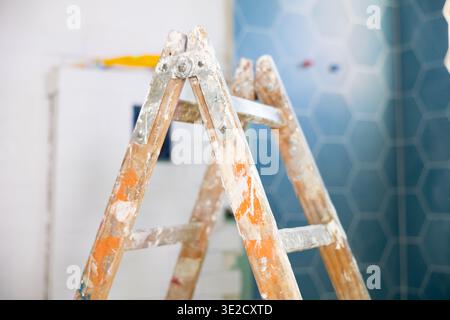 Stepladder in bathroom during renovation works Stock Photo