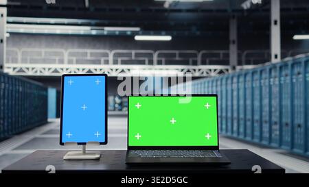 Close up of isolated screen tablet and mockup laptop in data center used for checking hardware for system stability. Chroma key devices used to oversee server farm and configure infrastructure Stock Photo