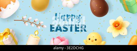 Happy Easter blue banner with eggs, chick, daffodil and spring elements. 3D holiday illustration Stock Vector