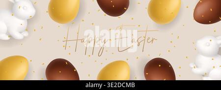 Happy Easter banner with rabbits, eggs and confetti. 3D festive holiday background Stock Vector