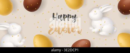 Happy Easter banner with white rabbits and gold eggs. Minimal 3D festive background Stock Vector