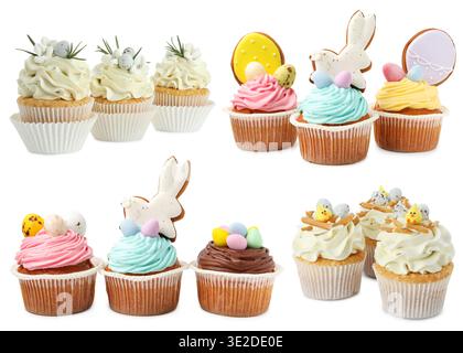 Tasty cupcakes decorated for Easter isolated on white, set. Festive dessert Stock Photo