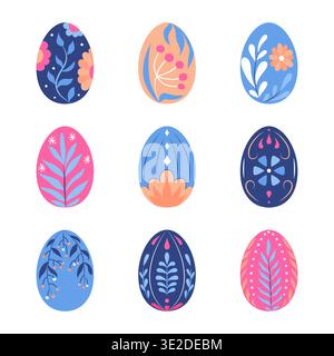Set of nine decorative Easter eggs with floral and botanical ornamental patterns Stock Vector
