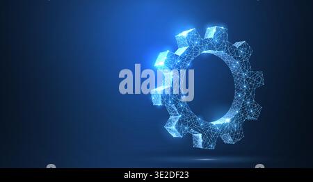 Gears. Abstract vector wireframe two gear 3d modern illustration on dark blue background. Stock Vector