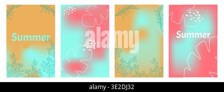 Summer set poster Abstract colorful gradient and floral element mesh background. Design social media posts, landing pages, and apps. Vector illustration. Stock Vector