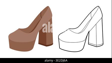 Platform block heel pump women brown flat plus line set shoe. Chunky sole dress footwear for party, office, weekend brunch. Technical illustration, CAD mockup, rich vector men unisex isolated stylish Stock Vector