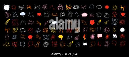 Color comic effect manga elements set on black background. Vibrant neon blasts, rockets, starbursts and speech bubbles for dynamic game art, streaming thumbnails and powerful retro superhero posters. Stock Vector
