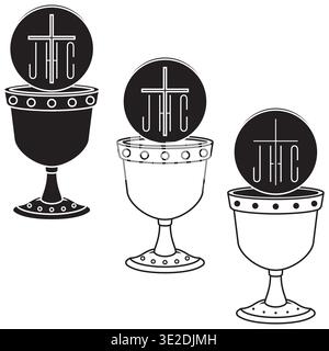 Minimalist black and white drawing showing the essential outlines and lines of a metal chalice and the Christian host. Ideal for sober and elegant gra Stock Vector