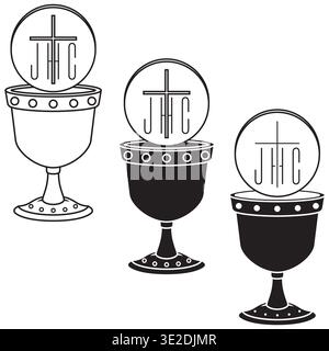 Simplified black and white line art representing Christian communion. A clean graphic approach to the metal chalice and the host for minimalist design Stock Vector