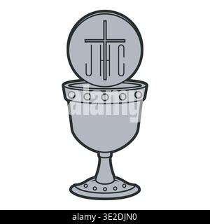 Grayscale illustration with a thick outer trace of a chalice and host. High-contrast visual style and marked lines to highlight the shape of the eucha Stock Vector