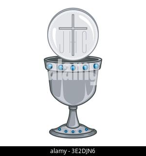 A detailed photograph of a golden metal chalice with a Christian host, representing the sacrament of the Eucharist on a religious altar with soft and Stock Vector