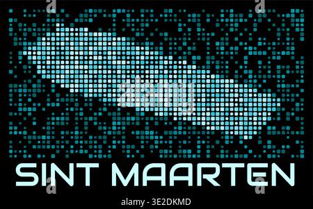 Sint Maarten digital dotted map. Shape of the country in cyan color palette on dark background. Futuristic Sint Maarten map design. Stock Vector