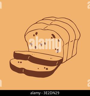 Hand drawn vector illustration of a sliced loaf of bread with two pieces placed in front. Minimalist brown line art icon of fresh wheat toast for Stock Vector