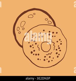 Vector illustration of two round bagels or donuts featuring seeds and hand drawn texture. Brown line art icon of traditional pastry for coffee shop Stock Vector