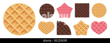 Vector round waffle, wafer cream seamless texture, Belgian star cookie icon. Food square pattern and chocolate heart biscuit, Belgian cake bg Stock Vector